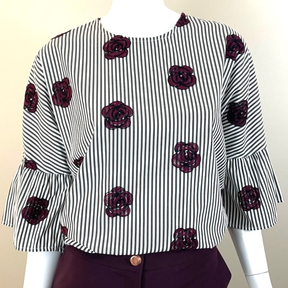 MAX & MARCUS embroidered floral striped black white reglan bell sleeve top